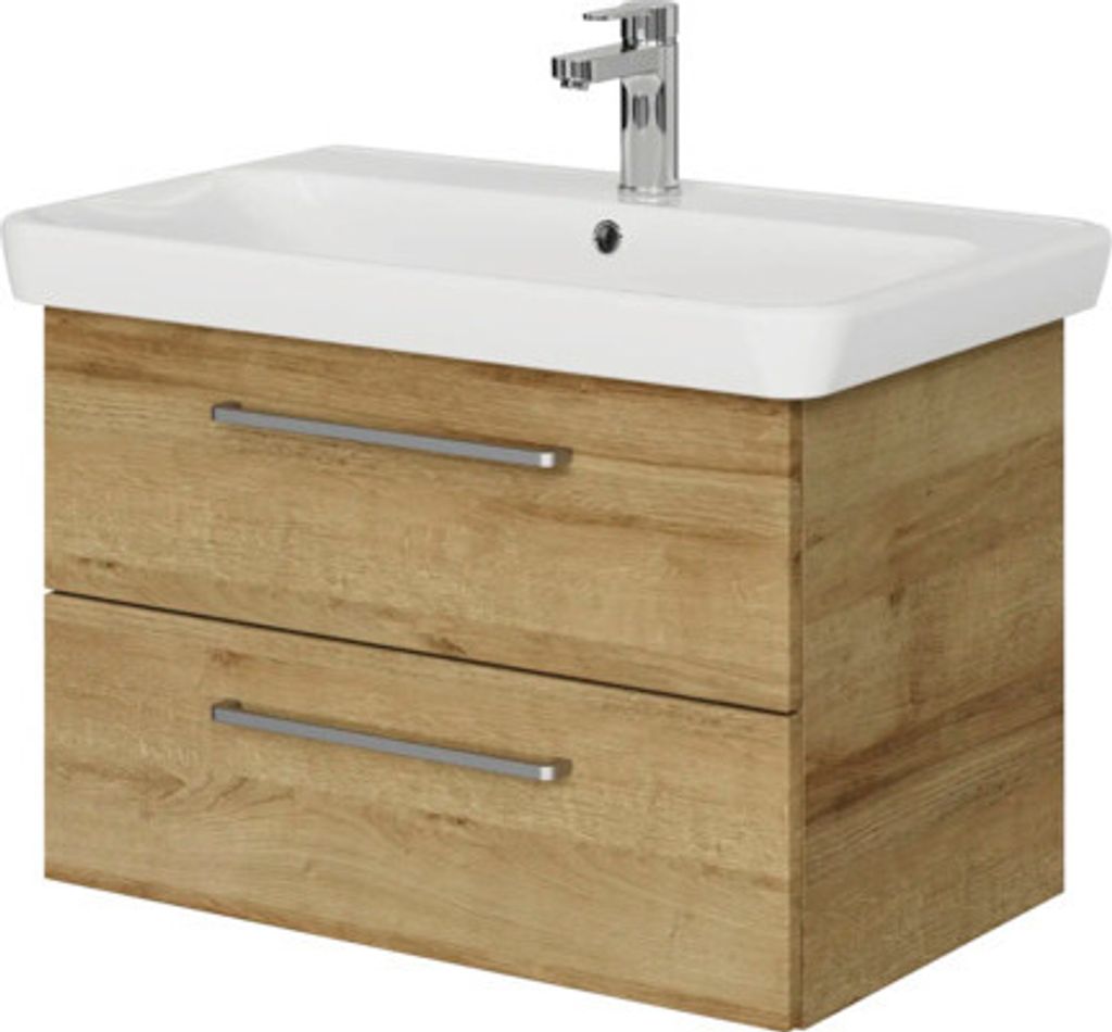 Badmöbel-Set Pelipal Sunline 105 BxHxT 80,5 x 56 x 48,5 cm Frontfarbe Eiche riviera mit Keramik-Waschtisch und Waschtisc