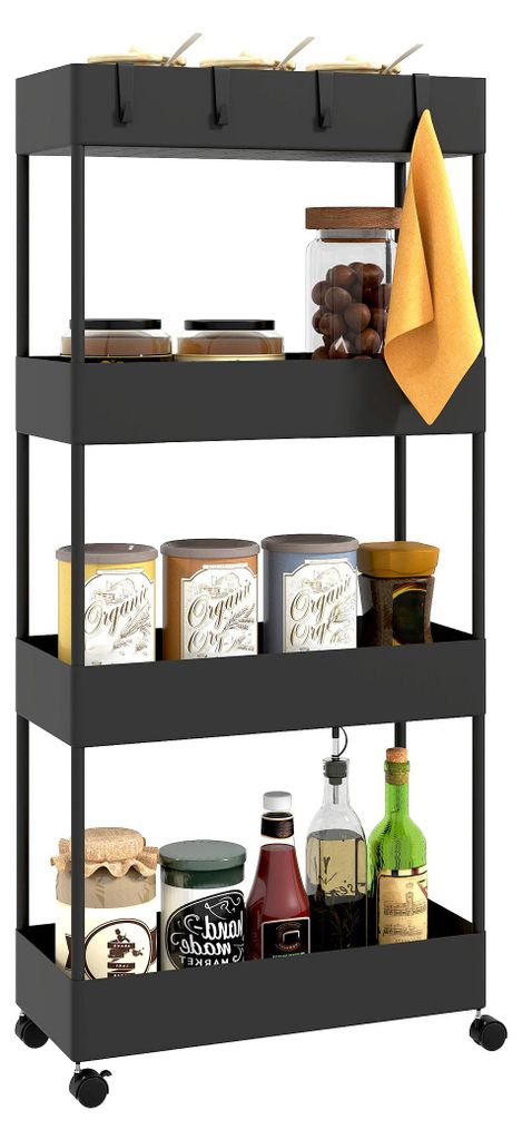 A black four-tier rolling cart filled with various kitchen items like jars, bottles, and a towel.