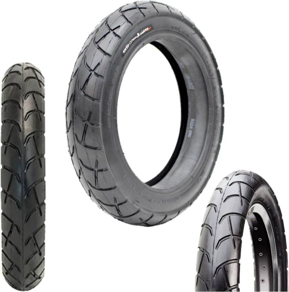 Three views of a black bicycle tire on a white background.