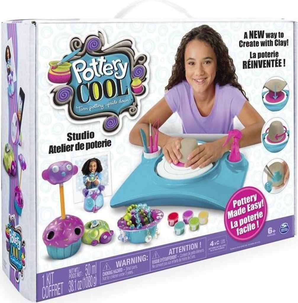 The image shows the box of a "Pottery Cool" toy set, featuring a young girl using the pottery wheel.
