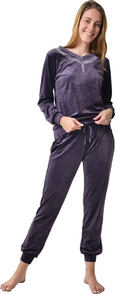 RAIKOU Damen 2-Teiliger Hausanzug Freizeitanzug Trainingsanzug Jogginganzug smartweiche Nicki mit Glitzersteinen Dunkel Lila-36/38