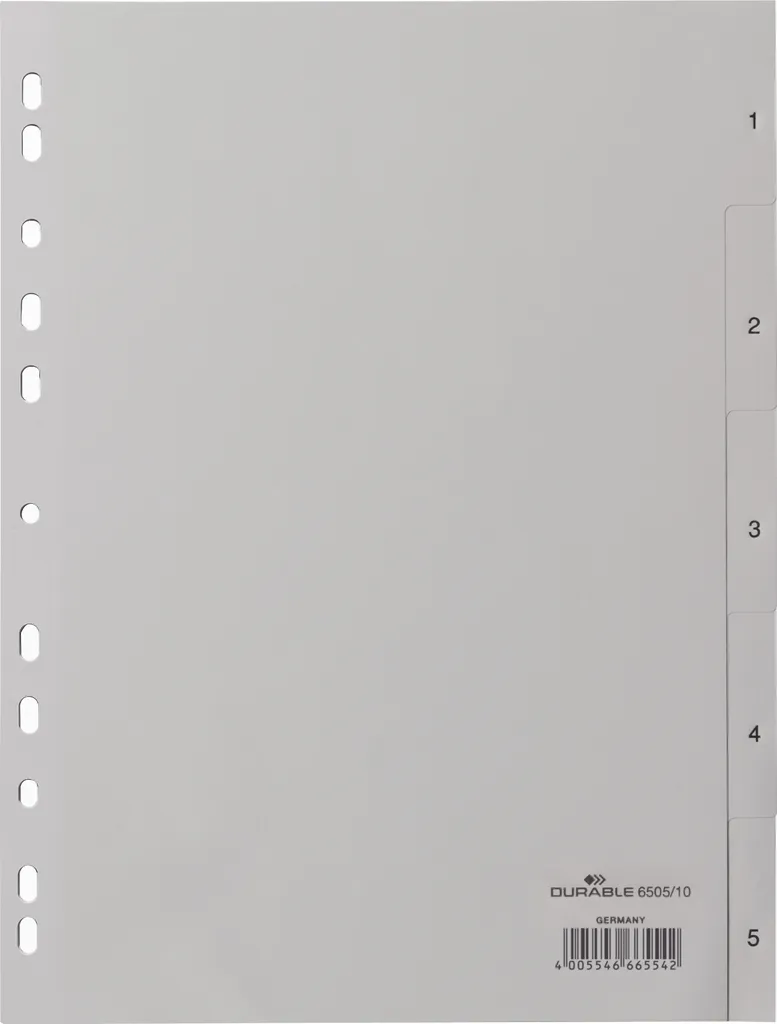Intercalaires A4 à 5 Touches Numérotées 1-5 en Plastique Gris Durable