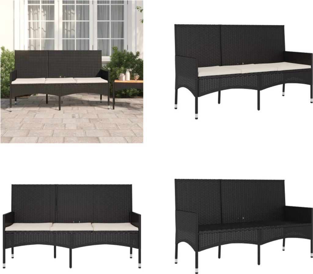 vidaXL Gartenbank 3 Sitzer mit Kissen Schwarz Poly Rattan - Gartenbank - Gartenbänke - Sitzbank - Außenbank