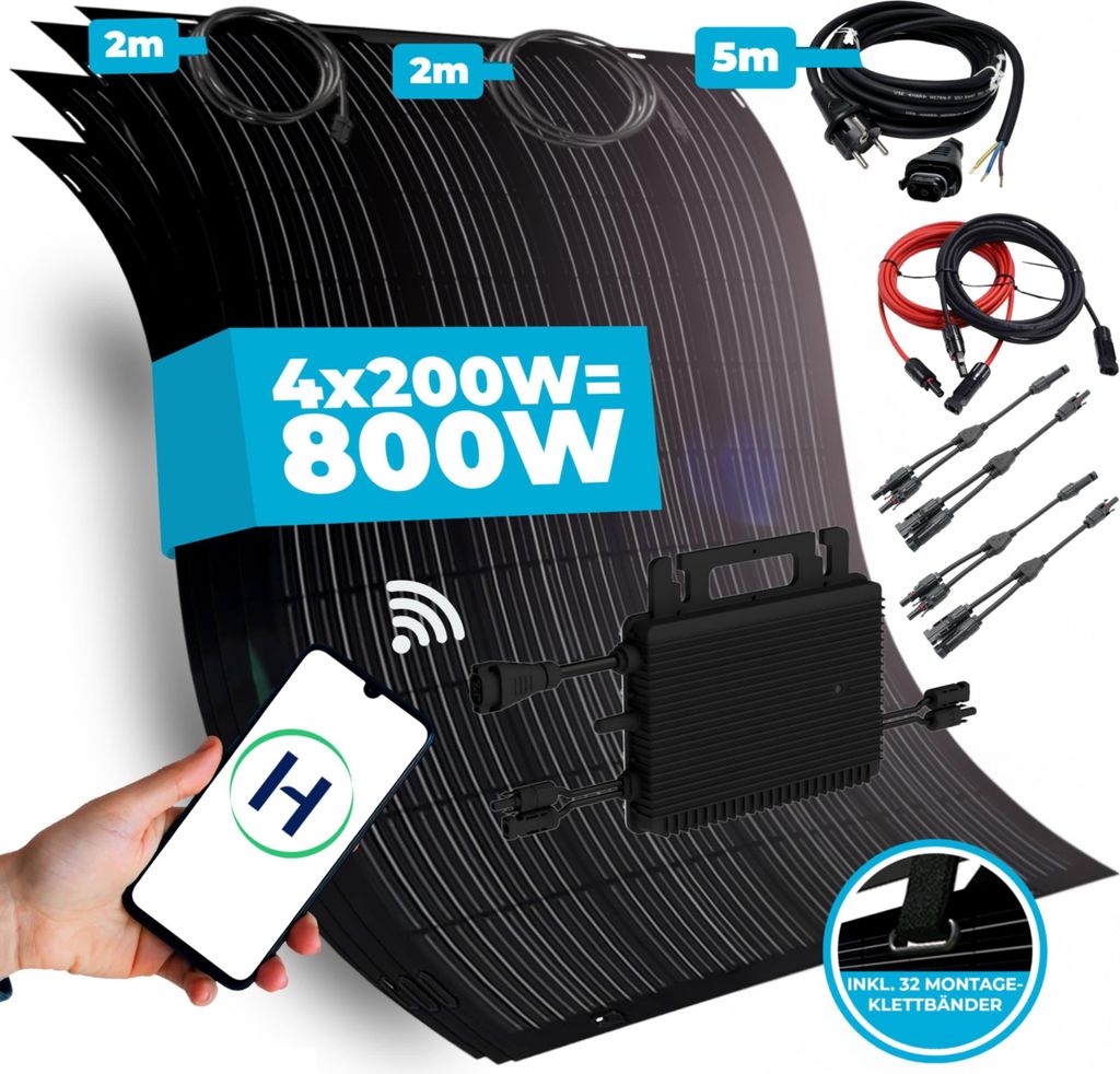 Balkonkraftwerk 800W flexibles Solarmodul - vorderseitige Anschlussbox - 4x hochflex Full-Black Solarpanel Solaranlage Photovoltaik Wechselrichter