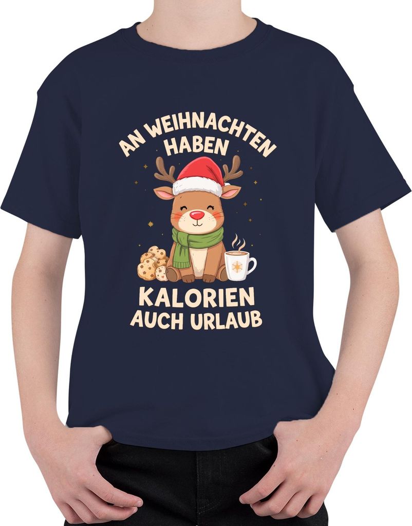 An Weihnachten haben Kalorien Urlaub Rentier Geschenk lustig Uni Kinder T-Shirt, Navy, 152