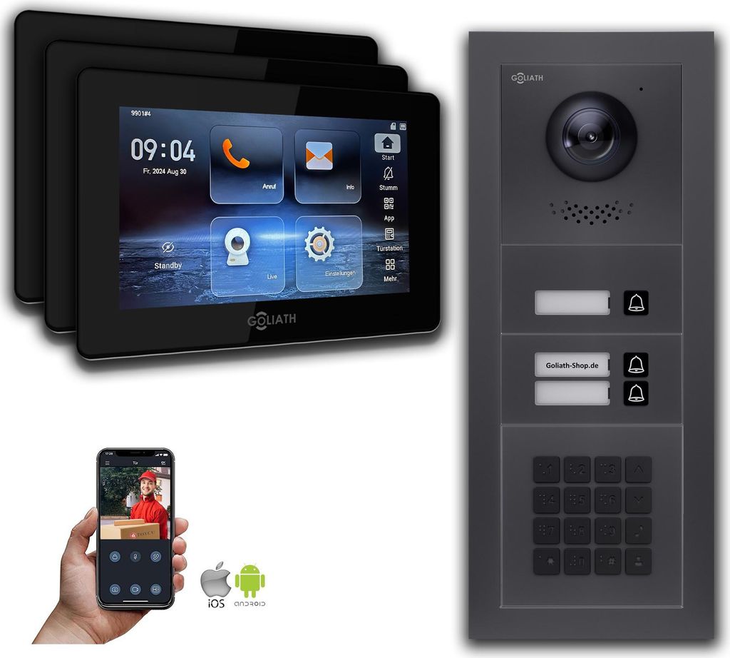 Goliath IP Video Türsprechanlage: 7-Zoll 3 Familienhaus, Zahlencode, Anthrazit : 7 Zoll Schwarz : 4er POE : Aufputz Dose Anschluss: 4er POE Monito...