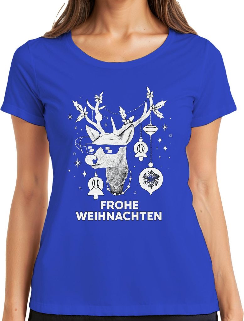 FROHE WEIHNACHTEN Rentier Sonnenbrille Hirsch Weihnachtskugeln Damen T-Shirt, Blau, 3XL