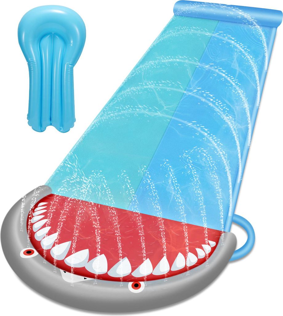 Izrielar Wasserrutschmatte 550cm mit 2 Bahnen, Hai-Design & Sprinkler, Sicherer Aufprallschutz für Sommer Garten