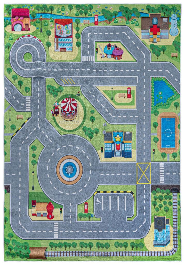 Mazovia Kinderteppich Straßen Bunt Grün 80x150 cm Kurzflor Pflegeleicht Spielteppich für Kinderzimmer