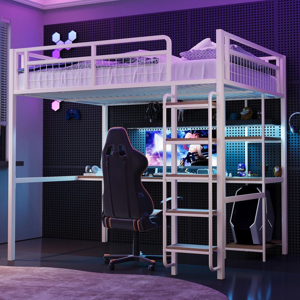 A gaming-themed loft bed with a desk and shelves, set up in a bedroom with purple lighting.