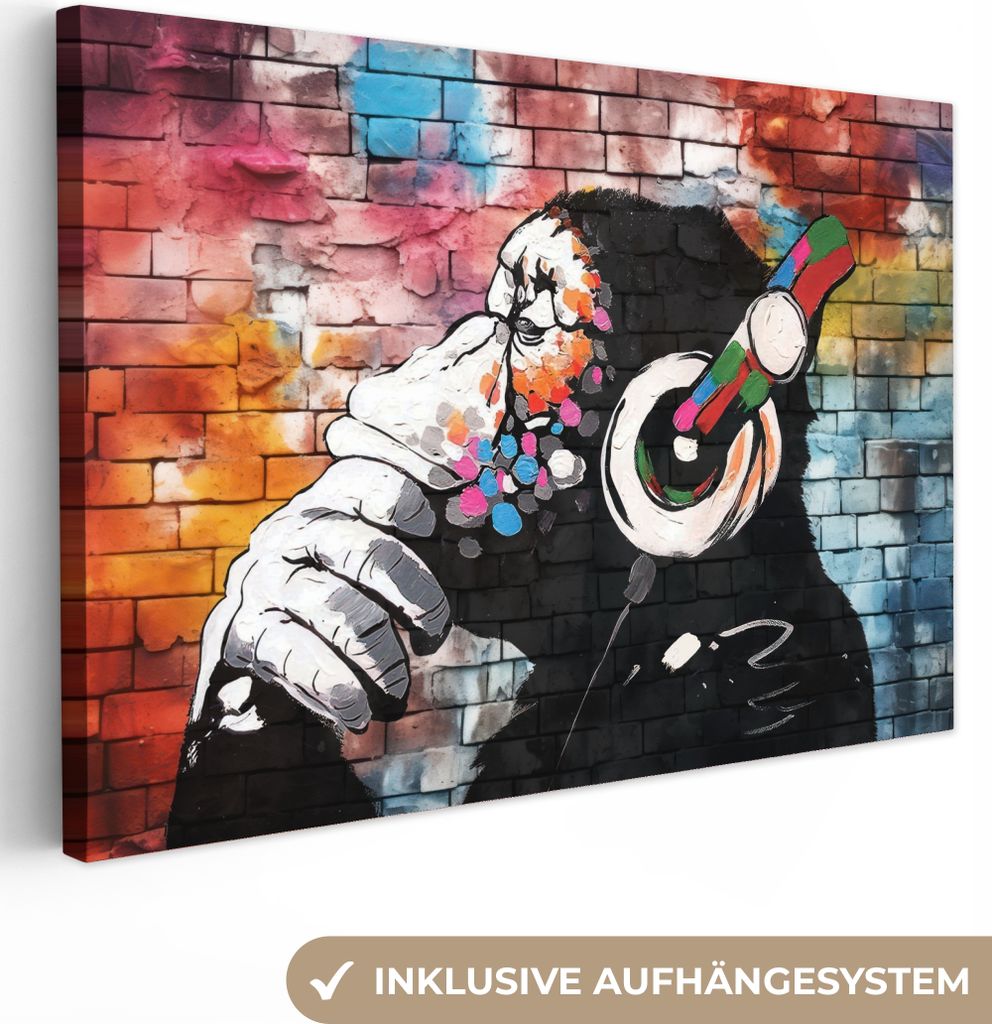 Leinwandbilder 90x60 cm - Graffiti - Affe - Farbenfroh - Kunst - Tier, Bilder Wohnzimmer Modern, Wanddeko