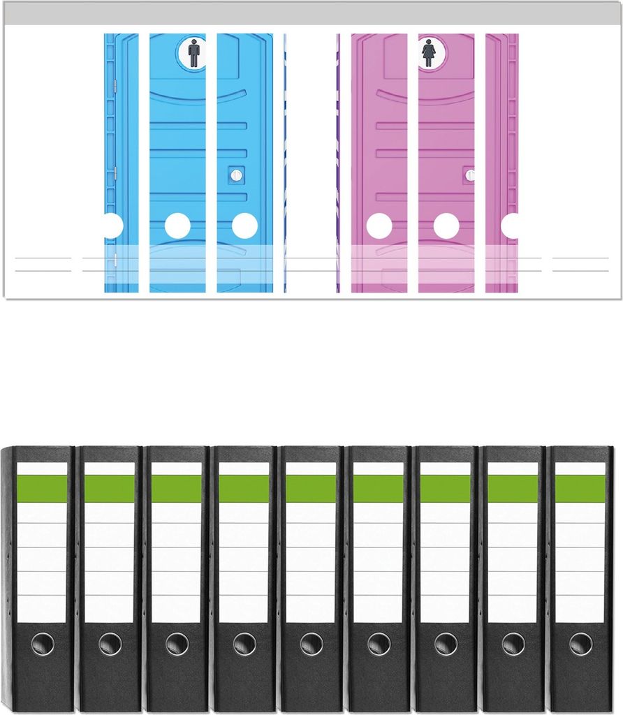 Wallario 9 Stück breite Ordner inkl. Klebeetiketten mit Motive Klo-Häuschen blau und pink Herren und Damen nebeneinander - Set mit Rückenschild...