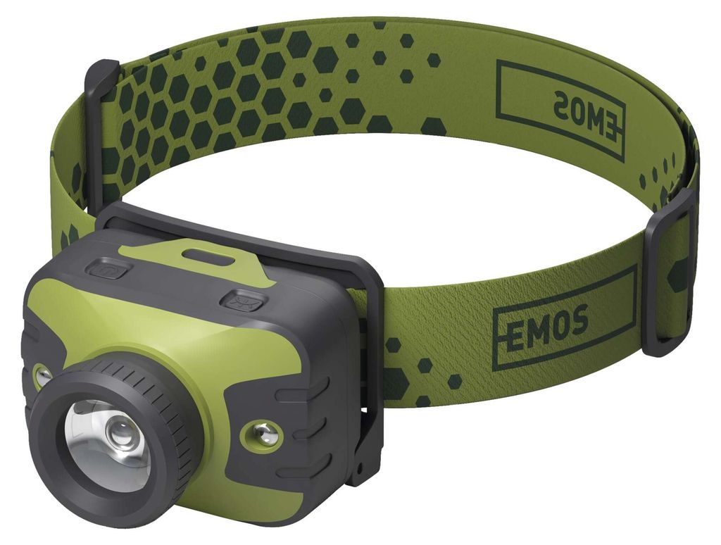 EMOS fokussierbare LED-Stirnlampe mit Rotlicht, wasserdicht, 5 Lichtmodi, 330lm Helligket, 200m Leuchtweite, 87h Leuchtdauer, CREE LED, P3539