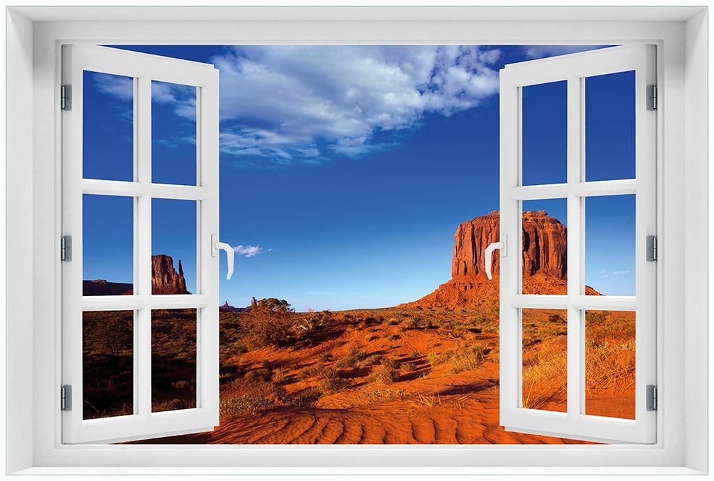 Wallario Premium Glasbild mit Fensterrahmen, freischwebende Optik, kräftige Farben, Größe 60 x 90 cm Motiv Monument Valley am Abend I
