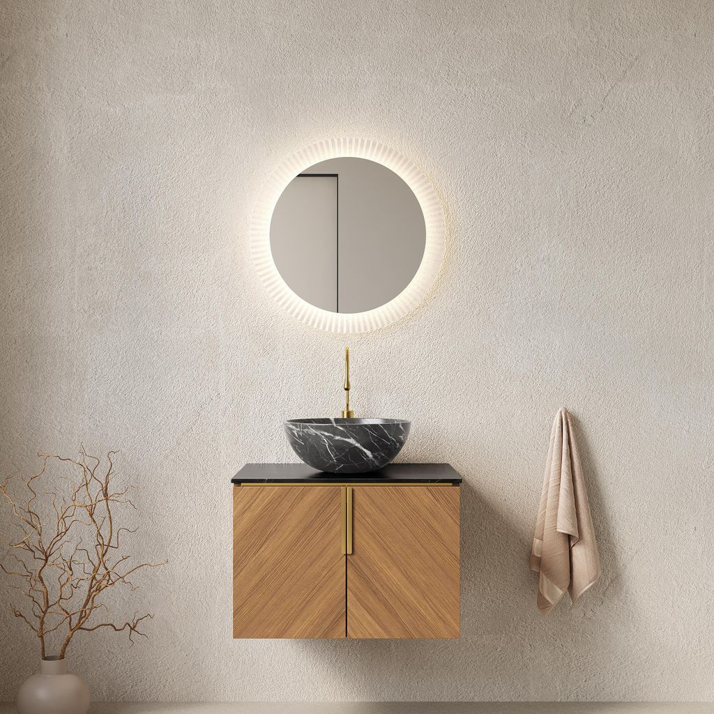 61cm Wandhalterung Badezimmer-Waschtisch mit schwarzer Schüssel Keramikbecken mit Steinmuster, Arbeitsplatte aus schwarzem Sinterstein, Sperrholzs...