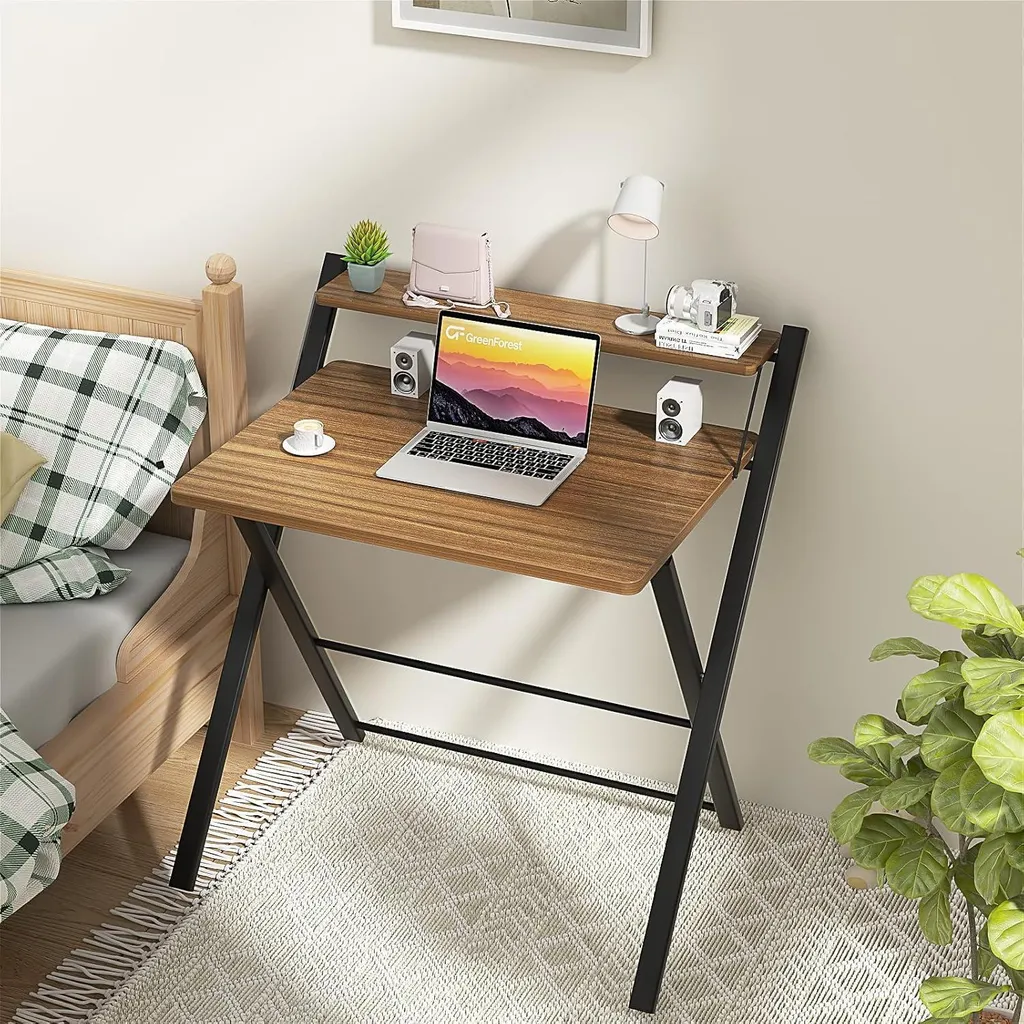 Bureau pliable stable marron avec étagère compacte 100cm - 2