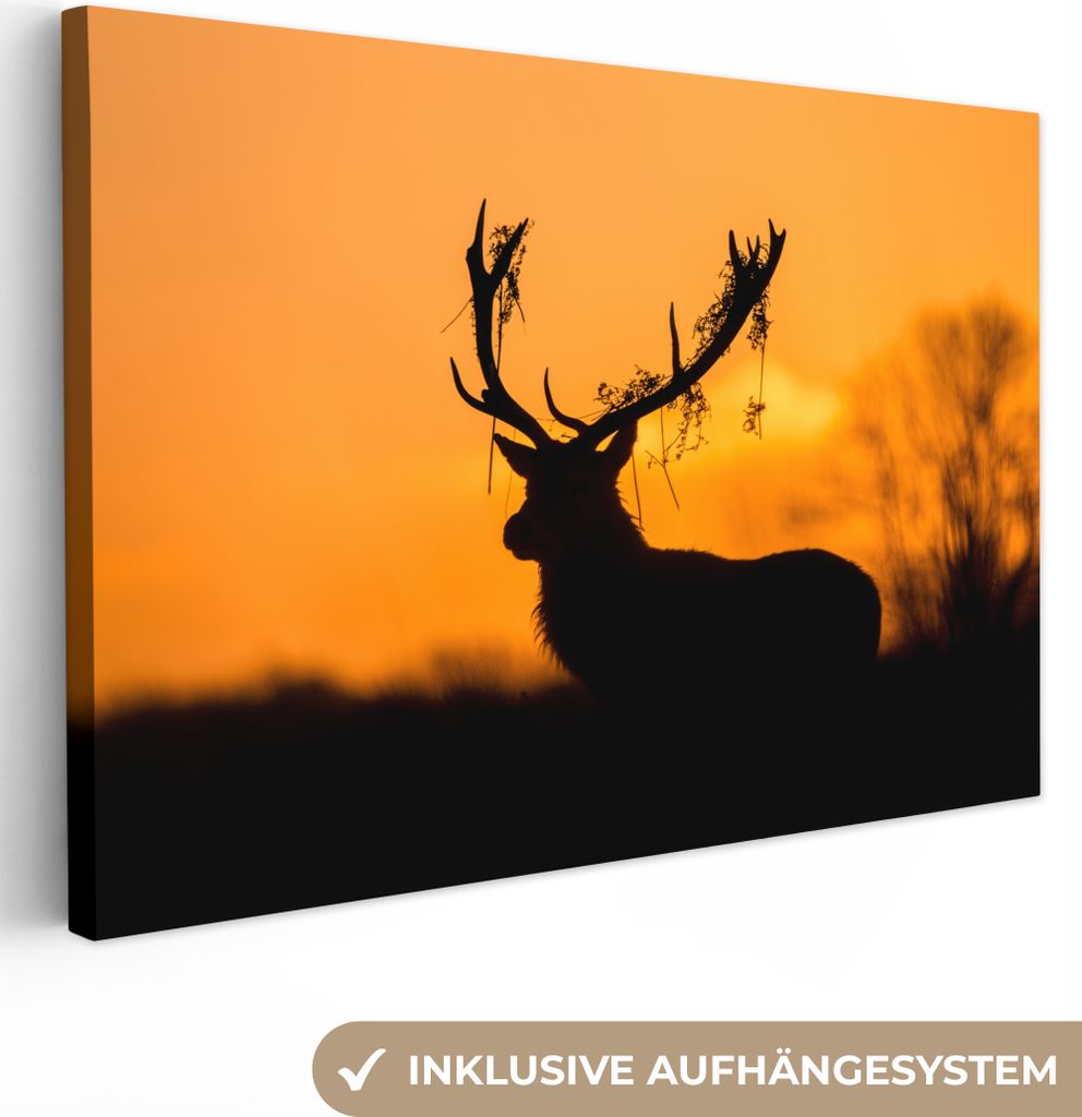 OneMillionCanvasses - Leinwandbilder - 150x100 cm, Hirsch - Orange - Scherenschnitt - Tiere - Natur, Wandbilder Kunstdruck Wanddekoration