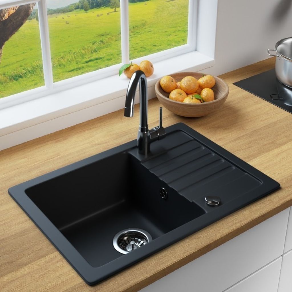 MIT ARMATUR - Rein Schwarz LINDBERGH Granit Spüle "SIM44" + "1-Helia" Einbauspüle Küchenspüle Spülbecken