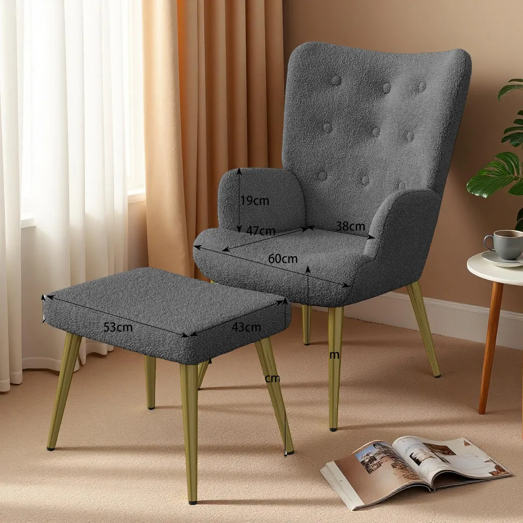 Poltrona Fortuna Lai con Pouf | Tessuto Teddy Grigio Alta Qualità