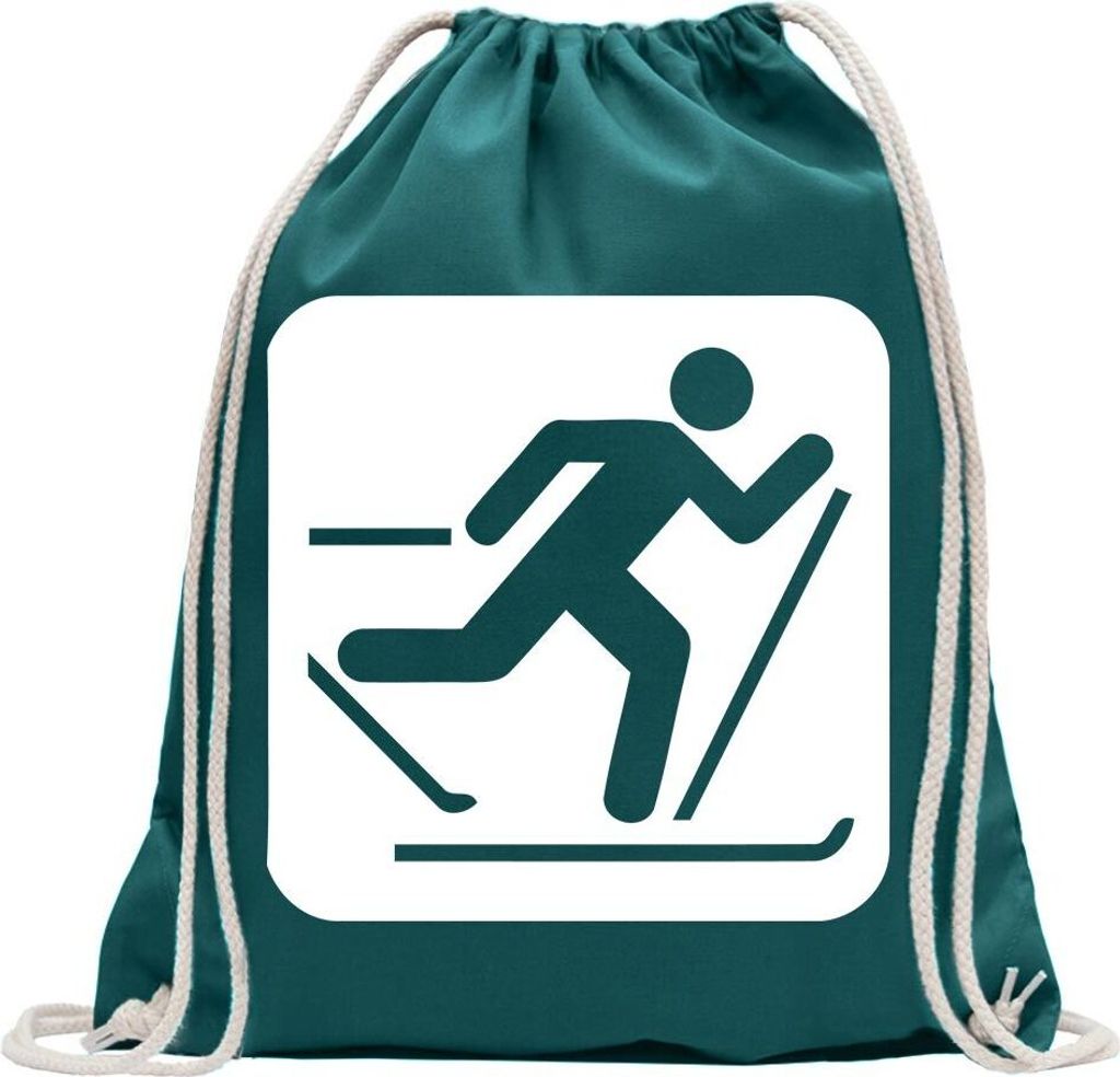 Kiwistar - Turnbeutel - petrol - Skilaufen Schilaufen Piktogramme - Fun Rucksack Sport Beutel Gymsack Baumwolle mit Ziehgurt