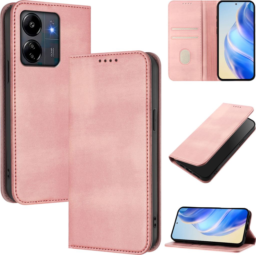 Handyhülle für Xiaomi Redmi 13C/Poco C65/Poco M6 5G, Vintage Leder RFID Schutz Kartenfach Standfunktion Magnetische Klapphülle Pink