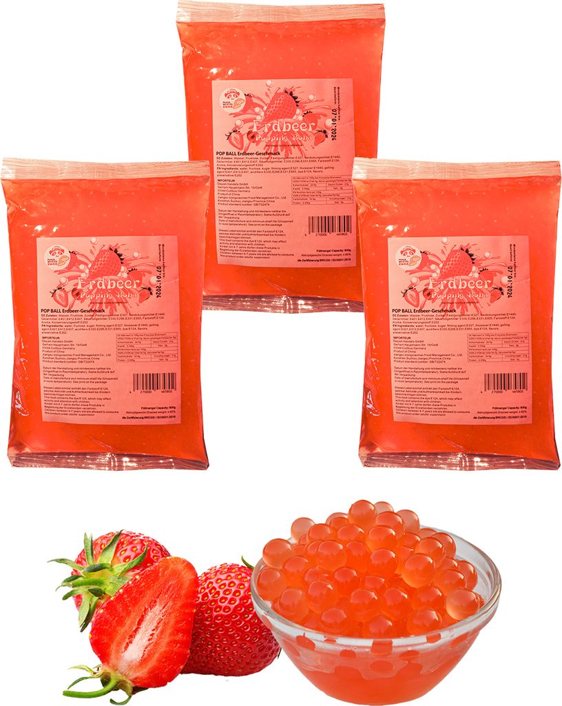 A collage of three bags of strawberry popping boba mix and a bowl of popping boba with strawberries.