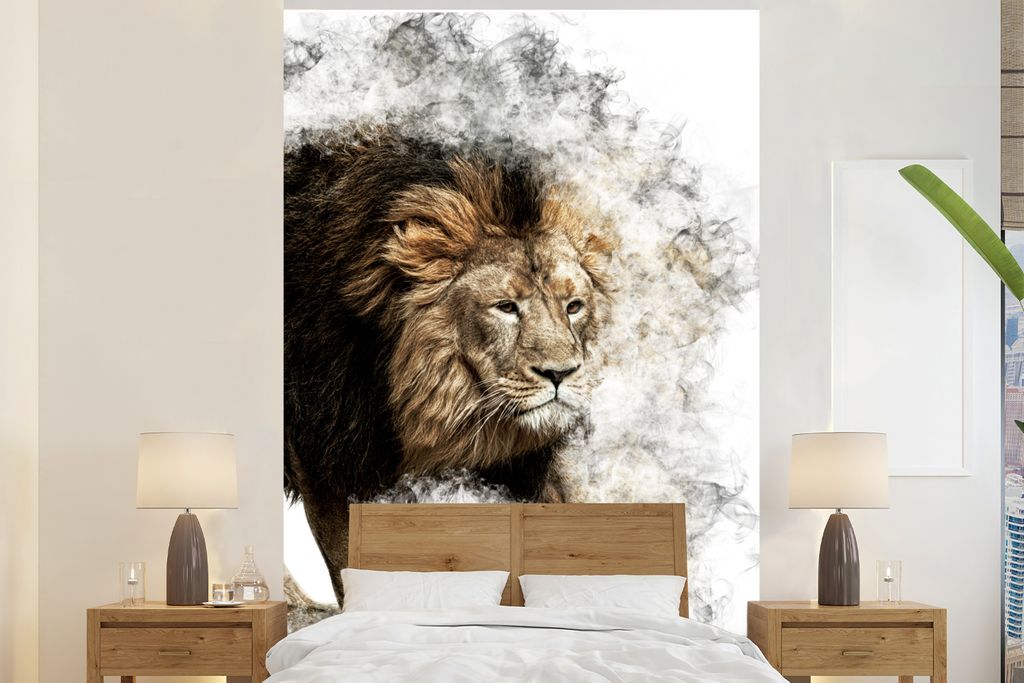 MuchoWow Fototapete für Wohnzimmer oder Schlafzimmer Wandtapete Vinyl Motivtapete Löwe - Rauch - Abstrakt - 225x350 cm - Schlafzimmer tapete