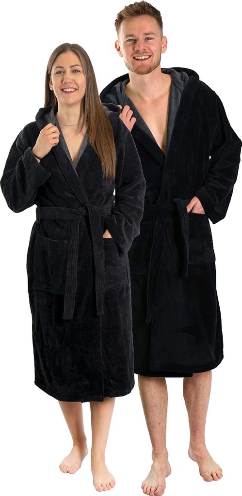 Lavea Bademantel Damen & Herren, Uni Morgenmantel mit Kapuze, Soft-Velour & Frottier, Bambus-Baumwoll-Mix, 2 Taschen, Bindegürtel, S, Schwarz
