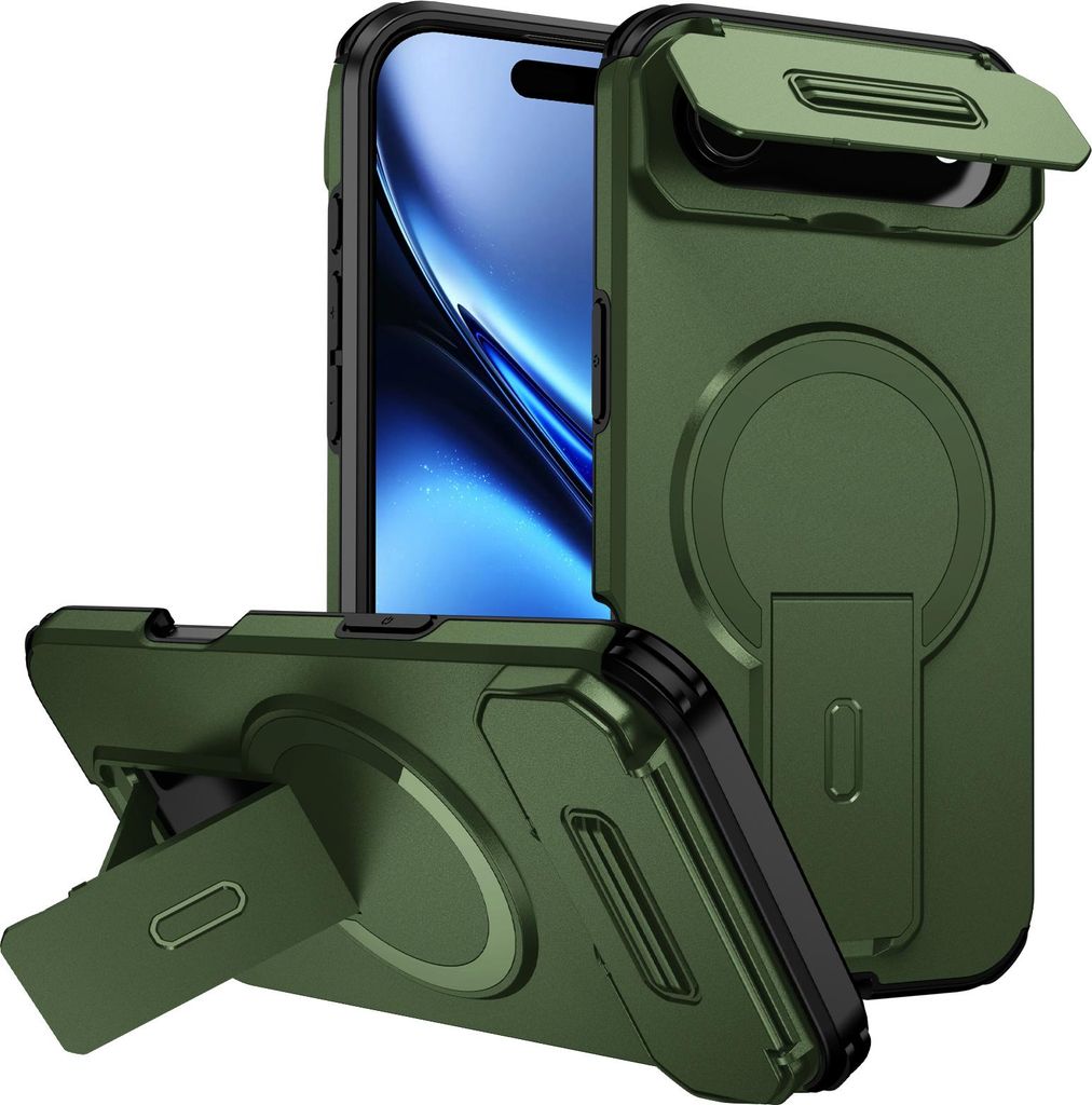 Magnetisch Hülle für iPhone Air, Dual Layer Stoßfest Handyhülle mit Dia Kameraschutz, Verstellbarem Ständer Grün
