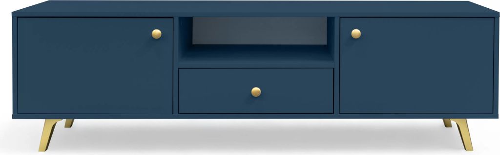 A dark blue TV stand with gold legs and handles, shown against a white background.