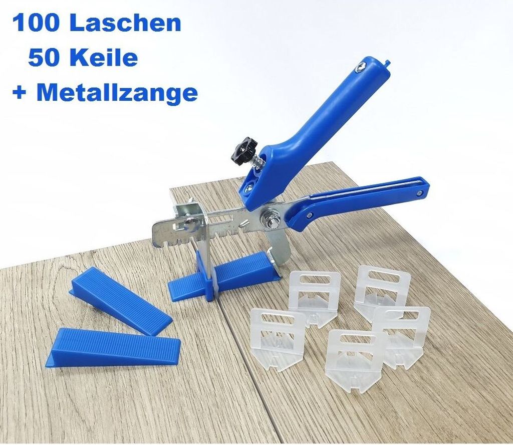 Fliesen Nivelliersystem Blau Fliesenstärke 3-12 mm Starter-Set 1 mm 100 Laschen 50 Keile + Zange -Verlegesystem Fliesenverlegung Fliesenverlegehil...