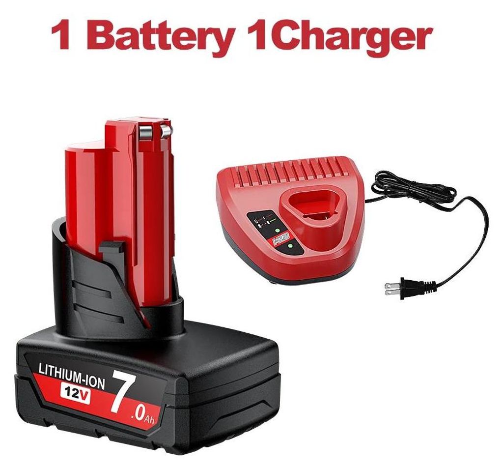 Akku für Elektrowerkzeuge mit Ladegerät - M12 12V Li-Ion - 7000 mAh - Set: 1 Akku + 1 Ladegerät - Ersetzt B2/XC 48-11-2430/2411/2401 - Silber