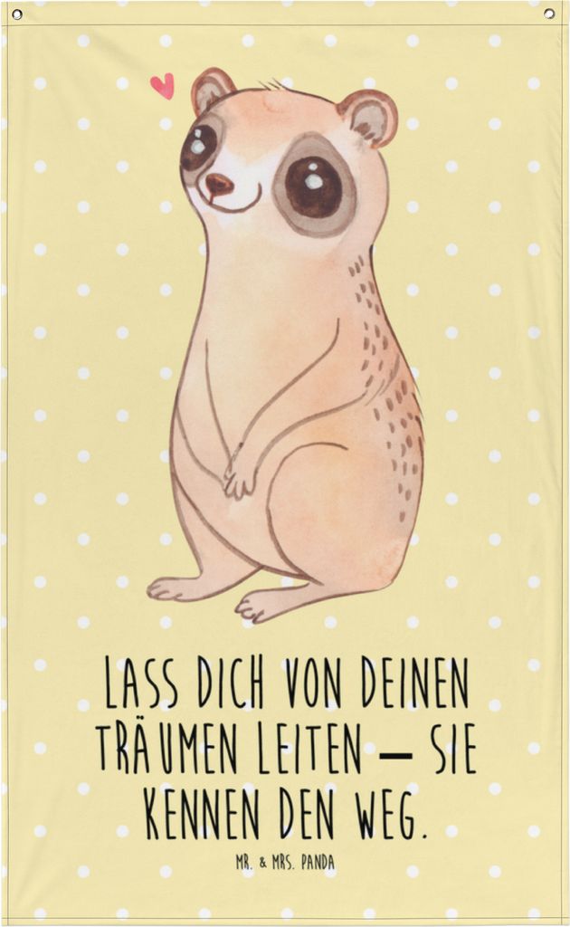 Mr. & Mrs. Panda Wandbild Plumplori Glücklich - Gelb Pastell - Geschenk, Boho Wandteppich, Glück, Lustige Sprüche, Stoff, Niedlich, Hängedeko, ...