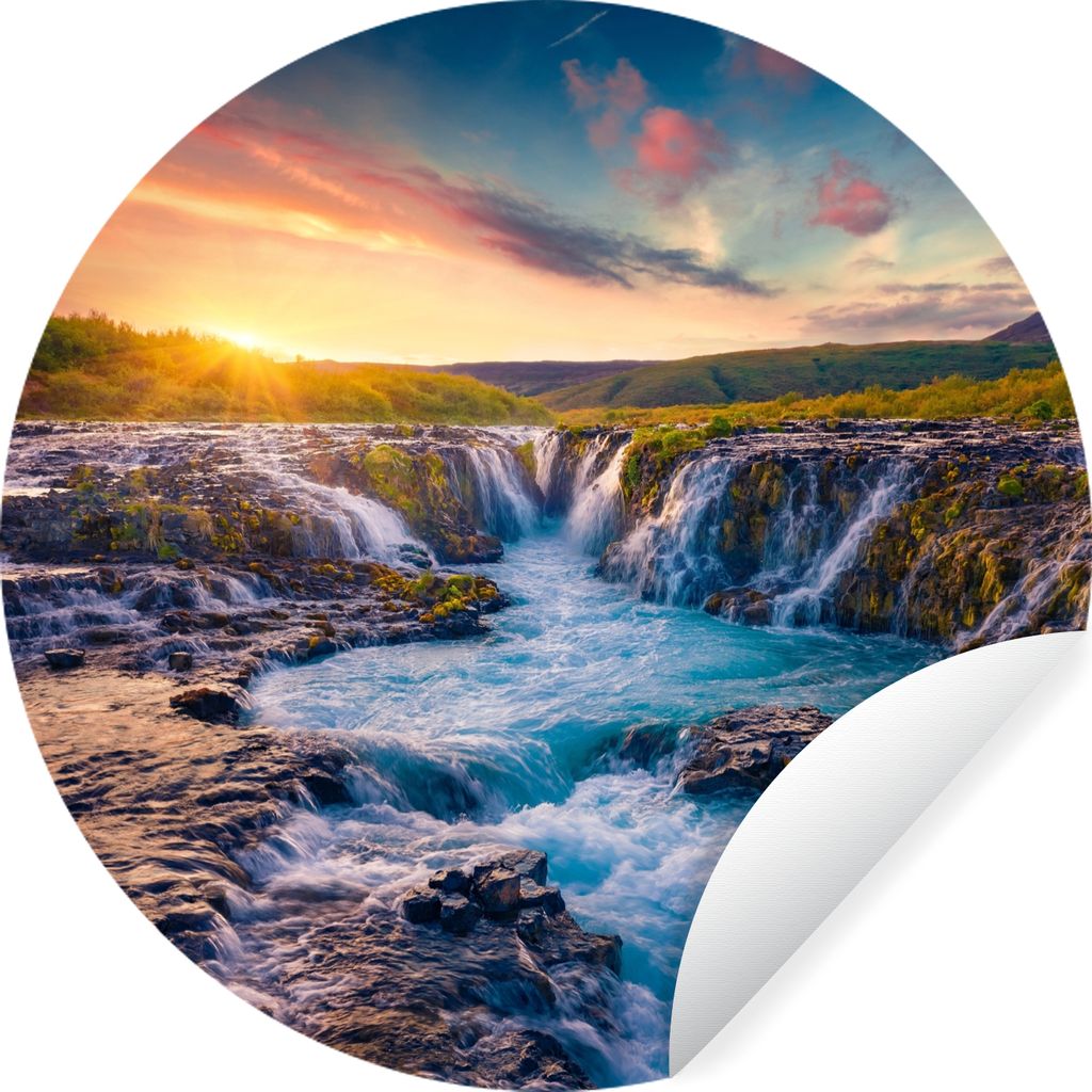 MuchoWow Runde Wandtattoo - Wandsticker Tapete Aufkleber Wasserfall - Pflanzen - Moos - Landschaft - Sonnenuntergang - Fels Ø 30 cm Selbstkleben...