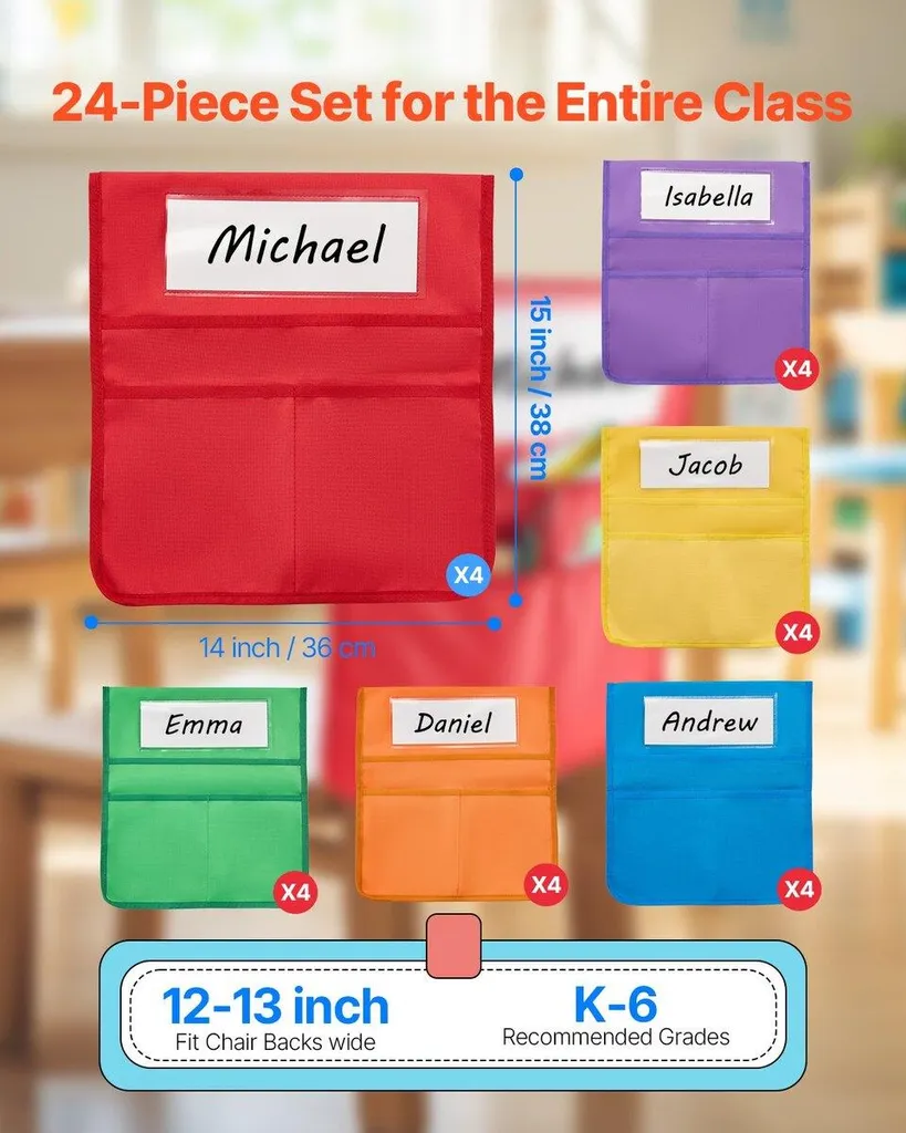 Rangement scolaire gain de place : 24 pochettes de chaise pour élèves - 2