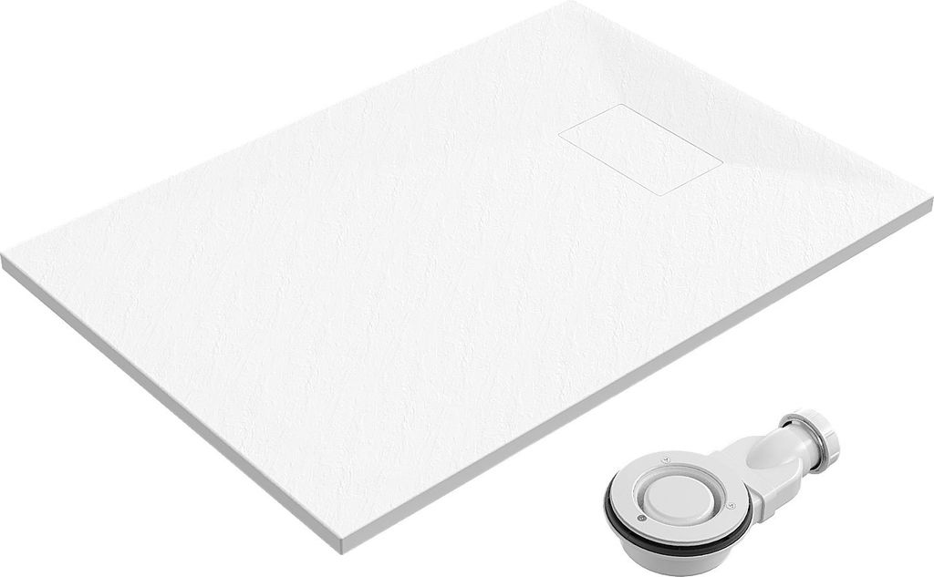 SMC Duschwanne 100x70cm weiß Steinoptik mit Ablaufgarnitur Produktbild 