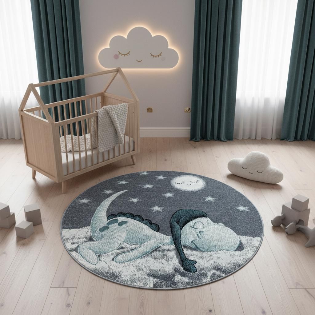 Kinderzimmerteppich Dinosaurier Kindgerecht Waschbar Strapazierfähig | Rund Blau 120x120 cm Jugendzimmer Schadstoff | COGNE – Kadima Design