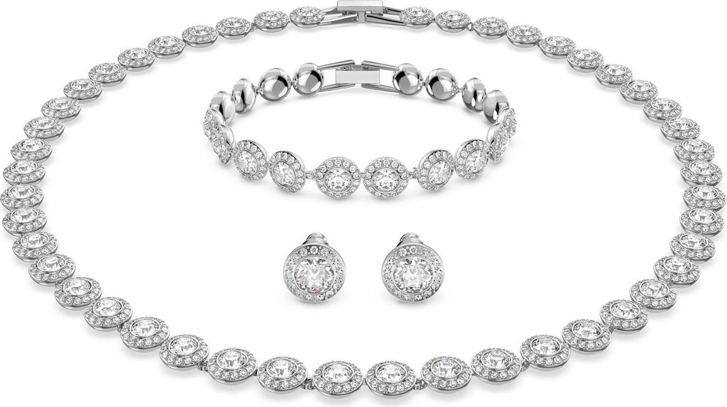 A jewelry set including a necklace, bracelet, and earrings, all made of silver-toned metal and adorned with clear crystals.