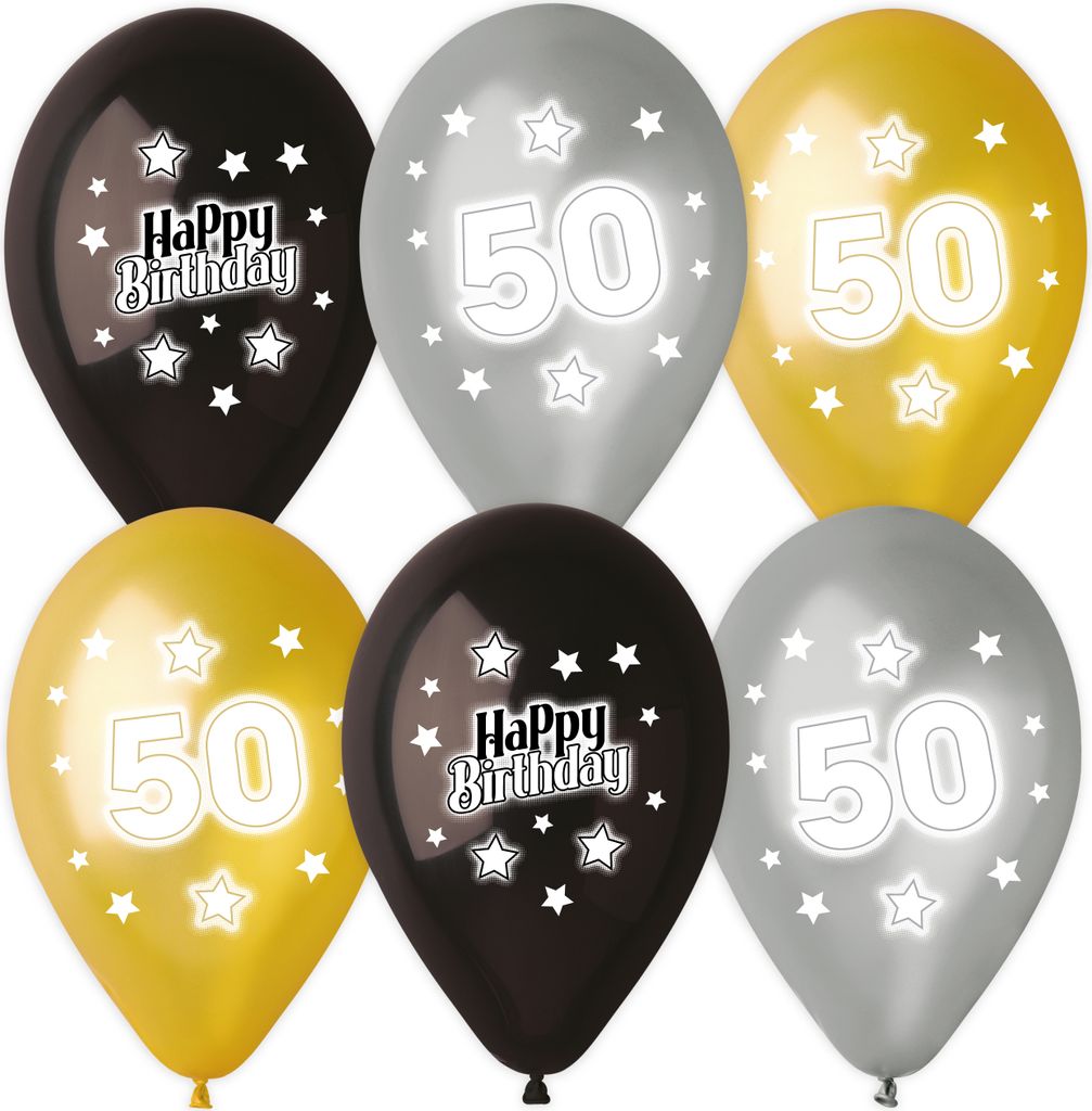 6 Luftballons bunt sortiert bedruckt mit 50 Happy Birthday, 28-30 cm/11 inch