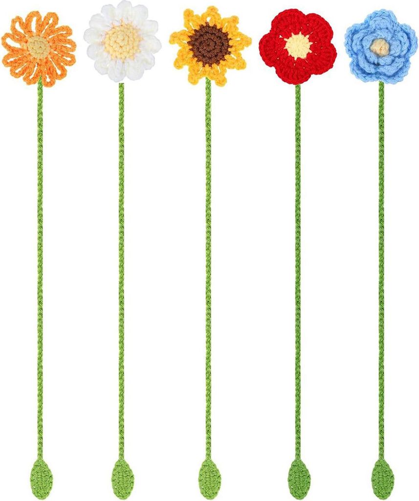 5 Stück Lesezeichen mit Blumenmuster, gehäkelt, handgefertigt, Sonnenblumen-Lesezeichen, gestrickt, Vorhang-Krawatte, Geschenk für Buchliebhaber...