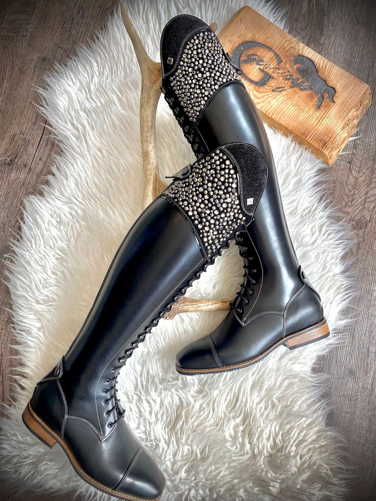 DeNiro Stiefel Reitstiefel S8603 39 MA/M schwarz mit Lack, Nieten und Strass