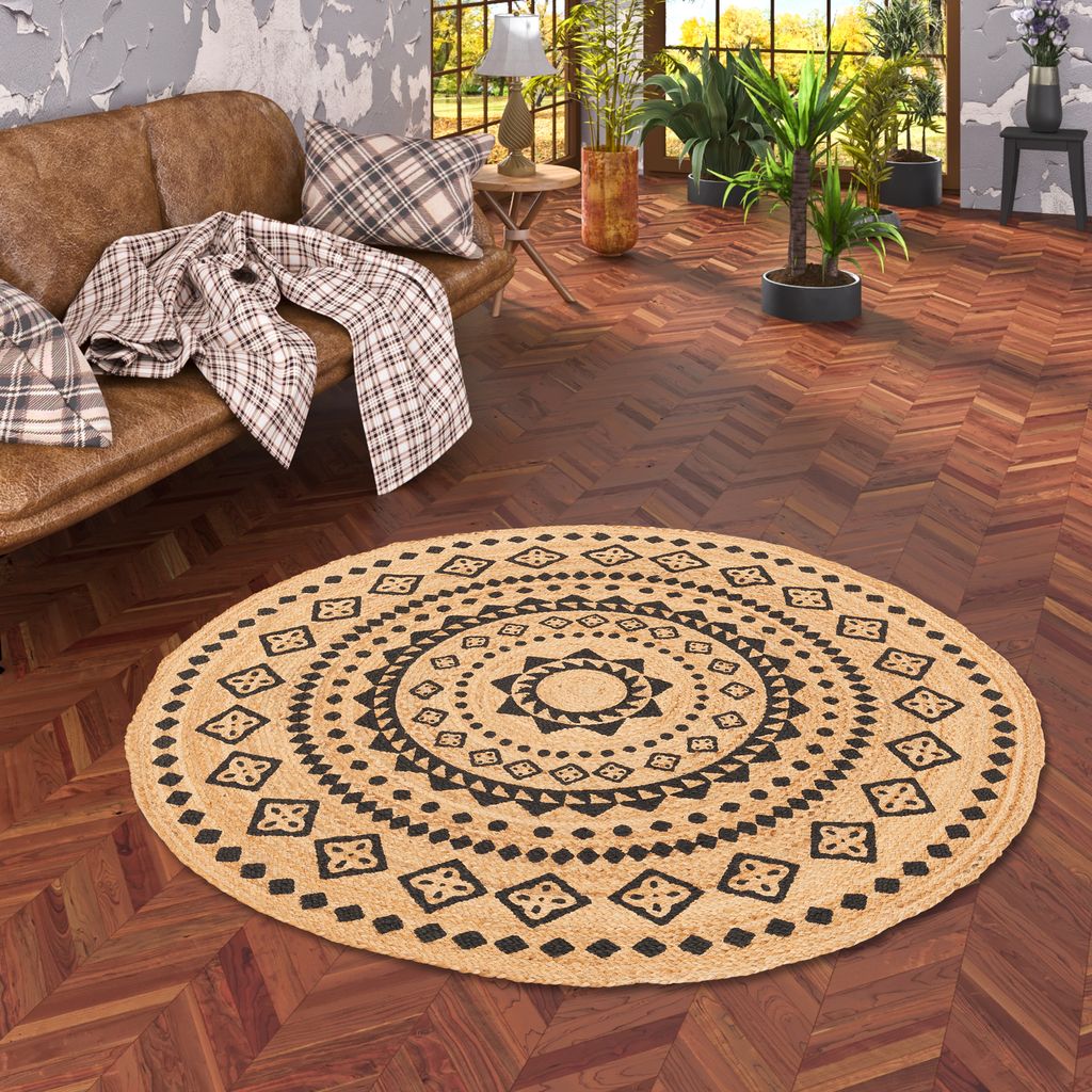 Naturfaser Teppich Handgefertigt Jute Salsa Anthrazit Ethno Rund, Größe:120 cm Rund