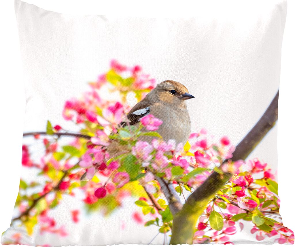 MuchoWow Zierkissen Sofakissen Wohnzimmer Dekokissen 45x45 cm Vogel zwischen rosa Blumen - Schlafpolster - Polster für das Sofa