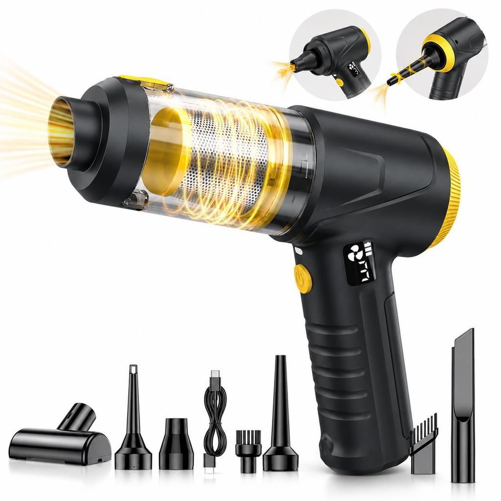 4-in-1 Auto Staubsauger, 18000 pa Akku Handstaubsauger mit LED-Licht, Digitalem Display, Ultra-leiser, 3 Modi, Tragbar für Auto, Haushalt, Tierhaare