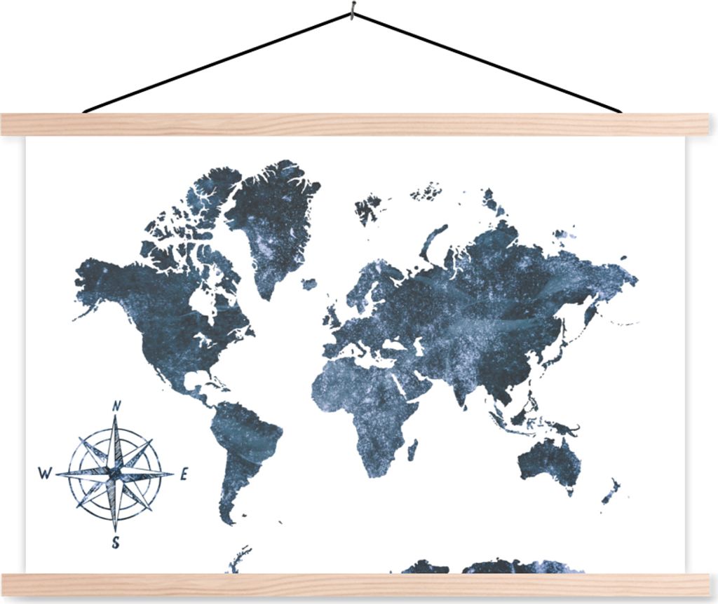 MuchoWow Textilposter Weltkarte - Luxus - Blau 120x80 cm mit holzfarbenen Rahmen - Aufhängeset