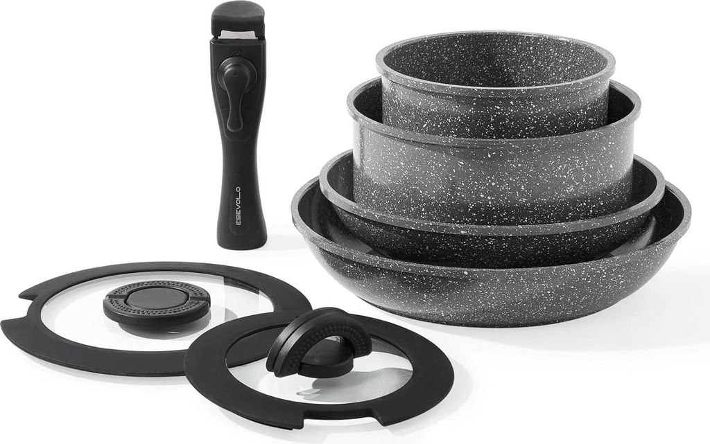 Induktions-Pannenset 7-teilig - stapelbar - Antihaftbeschichtung - grau