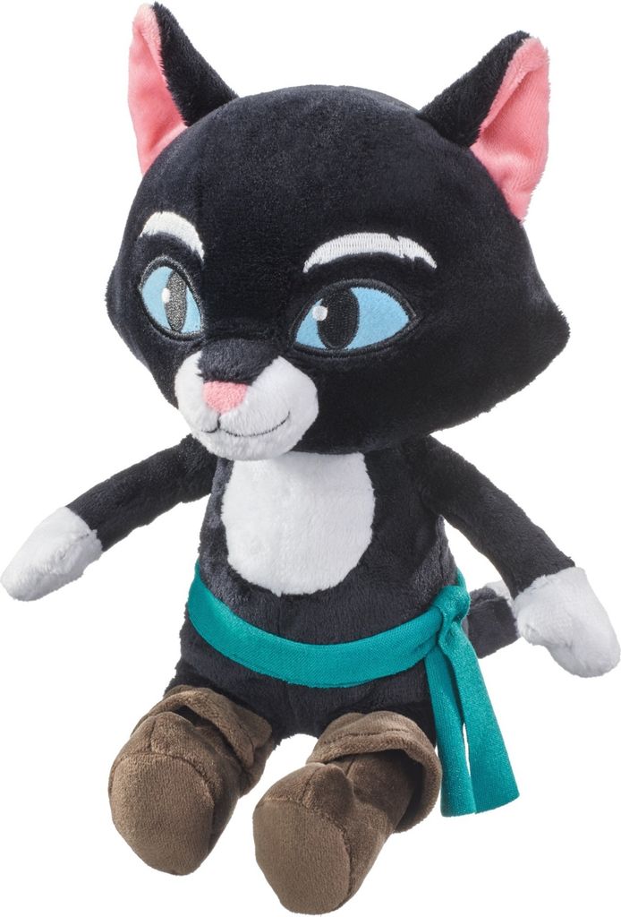 A plush toy cat sitting down.