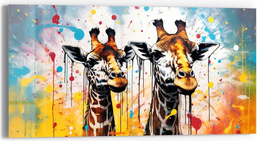 DEQORI Glasbild Echtglas 60x30 cm 'Giraffenleben in Farbe' Wandbild Bild modern Deko