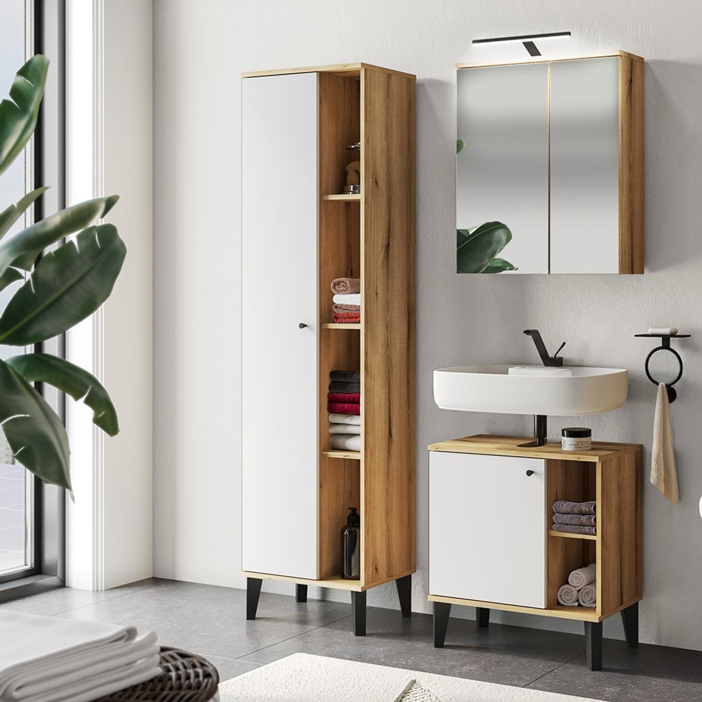 Badmöbel-Set 3-teilig mit Waschbeckenunterschrank 60 cm, LED-Spiegelschrank, in Eiche mit weiß OLEAN-61