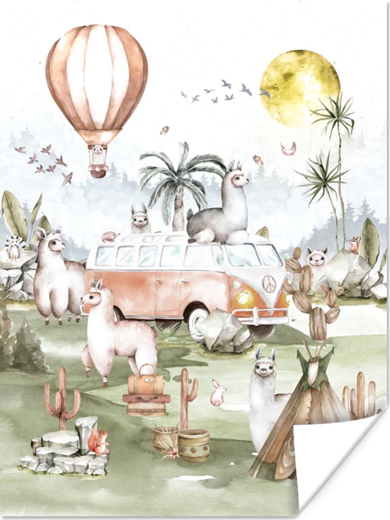 MuchoWow Poster Alpaka - Tiere - Kinder - Heißluftballon - Kinder 60x80 cm - Schlafzimmer Dekoration